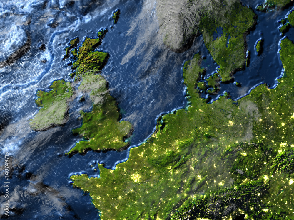 British Islands on Earth at night - visible ocean floor British Islands on Earth at night - visible ocean floor