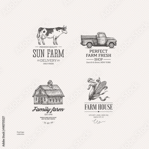Vintage farm food logo collection. Engraved logo set. Vector illustration