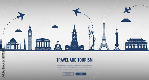 Travel composition with famous world landmarks. Travel and Tourism. Concept website template. Vector illustration.