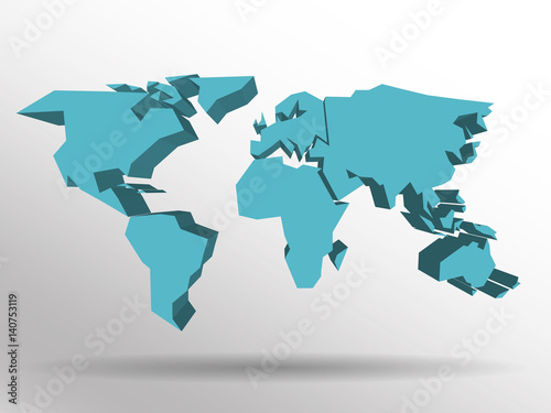 Blue 3D map of world with dropped shadow on background. Worldwide theme wallpaper. Rendered three-dimensional EPS10 vector illustration.