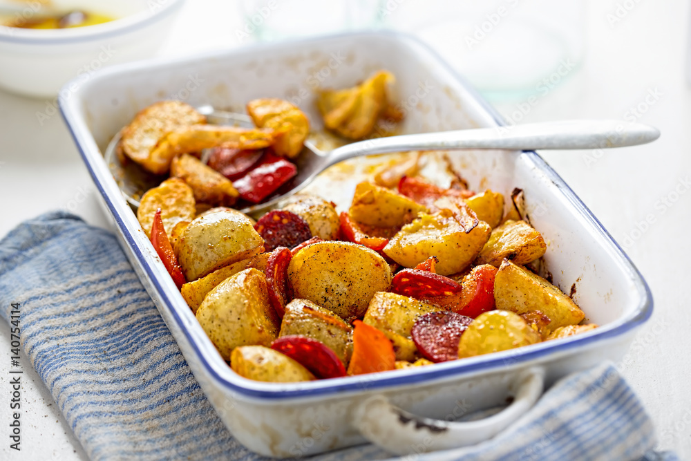 Chorizo, potato, red pepper onion tray bake Chorizo, potato, red pepper onion tray bake