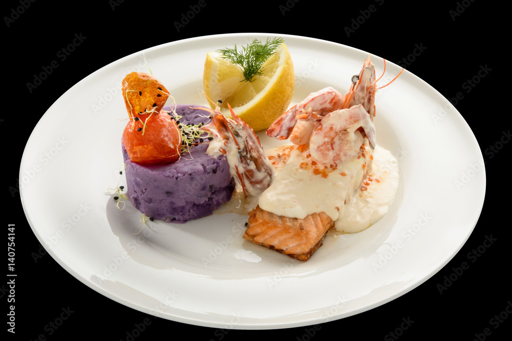 salmon fillet with champagne sauce and purple potatoes salmon fillet with champagne sauce and purple potatoes
