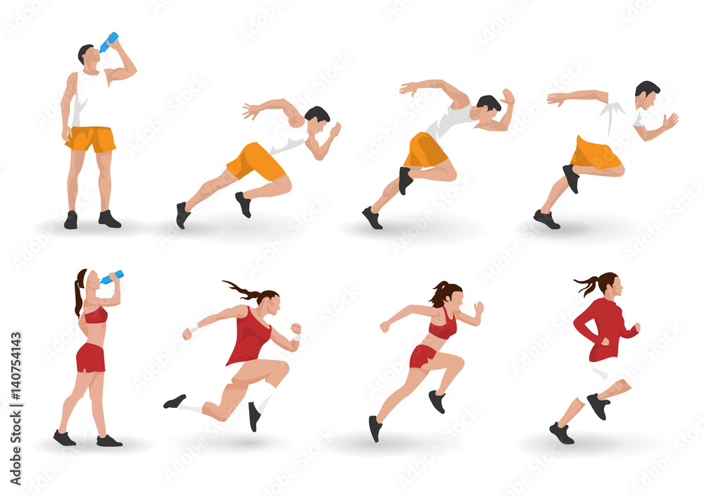 Vector illustration of young adult man and woman fitness characters running and resting