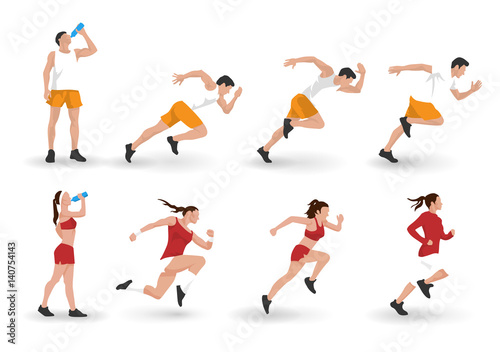 Vector illustration of young adult man and woman fitness characters running and resting
