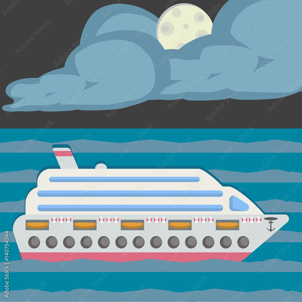 Night on the sea, moon light. Vector illustration. Cruise ship. Flat design style.