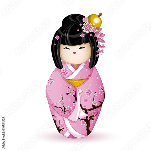 Kokesh Japanese national doll in a pink kimono patterned with cherry blossoms. Vector illustration on white background. A character in a cartoon style.