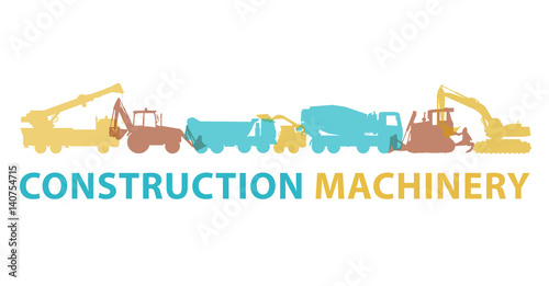 Construction machinery icon symbol. Ground works sign. Machines vehicles brand mark. Heavy construction equipment for building truck, digger, crane, bagger, mix, excavator. Illustration master vector.