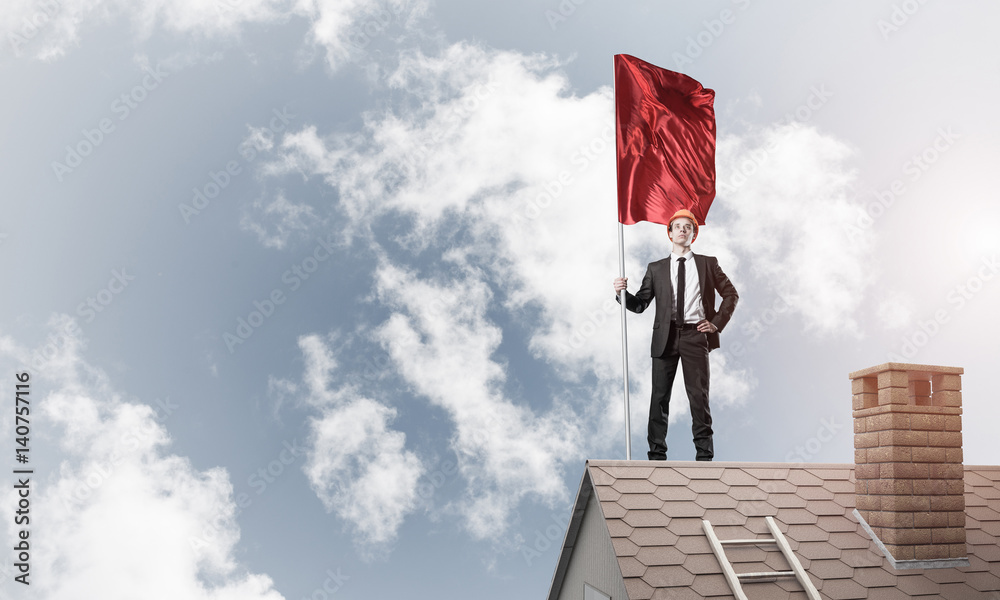 Young businessman with flag presenting concept of leadership. Mi Young businessman with flag presenting concept of leadership. Mi