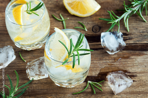 Gin Tonic Cocktail with lemon, rosemary