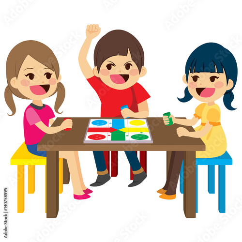 Three happy friends kids sitting playing board game
