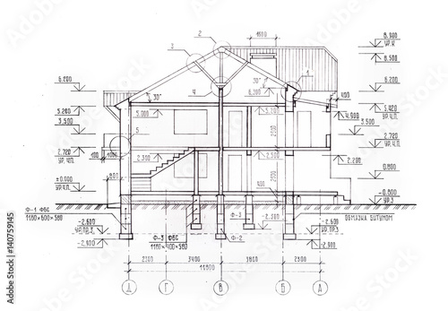 Architectural background. Plan of the house  technical Drawing by hand  pencil