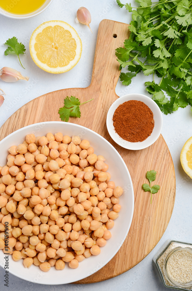 Ingredients for making hummus, top view. Ingredients for making hummus, top view.