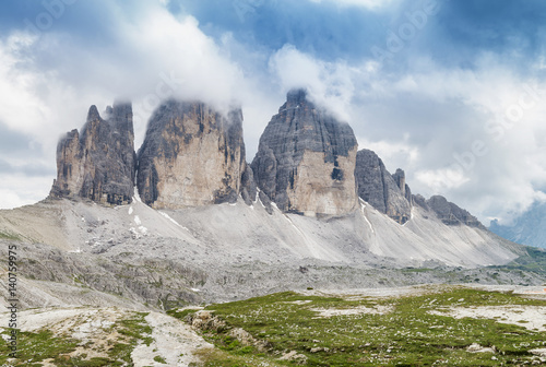Three Peaks of Lavaredo at summer sunset, Italian Dolomites