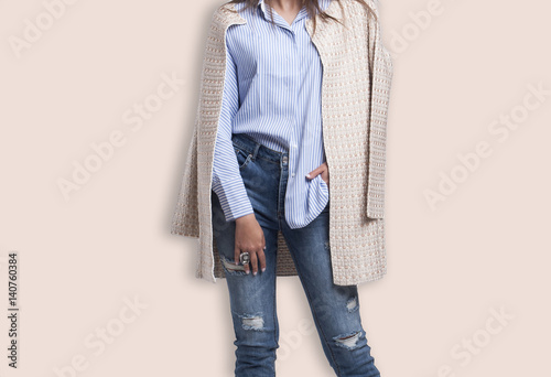 Spring outfit fashion design, young stylish woman