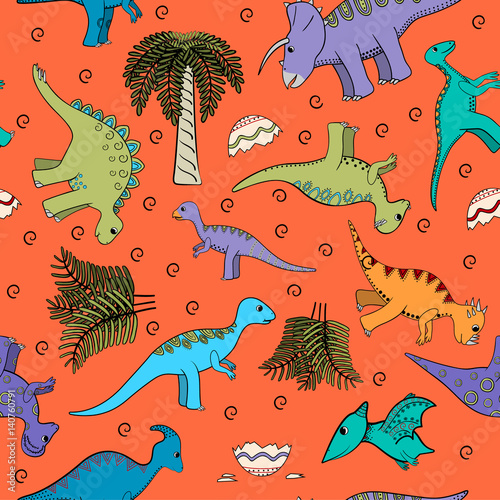 Baby seamless background with stylized dinosaurs