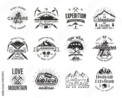 Vintage mountaineering badges. Climbing logo, vintage vector emblems. Climb alpinism gear - helmet, carabiner, campfire. Retro t shirt design. Old style illustration. Letterpress effect. Full set