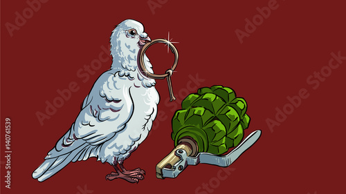 The white dove siting near the hand grenade with the ring from it in its beak