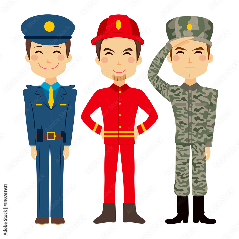 Illustration of three young worker people characters of different public service and military professions Illustration of three young worker people characters of different public service and military professions