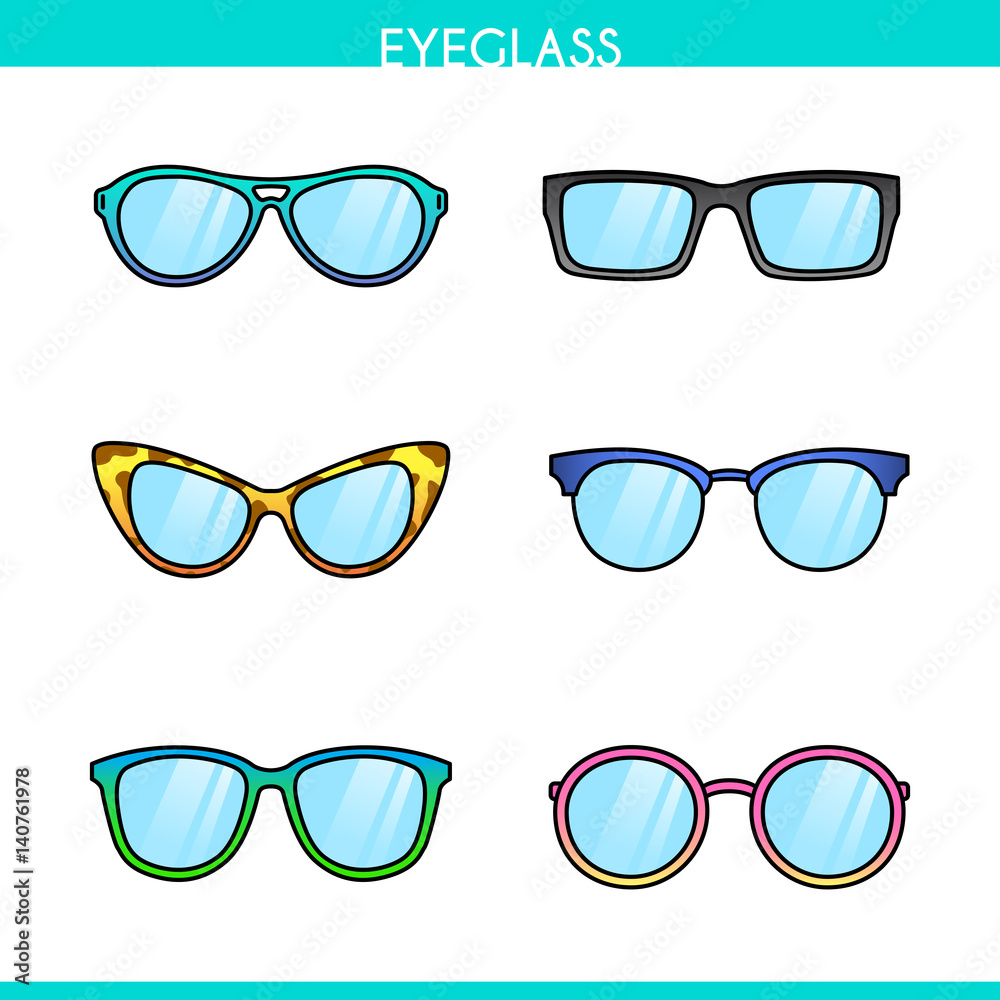 Vector color set of different fashionable trendy hipster, retro, cat eye, aviator, round, geek eyeglasses. Man and women glasses illustration on white background