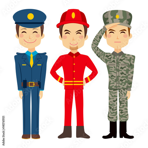 Illustration of three young worker people characters of different public service and military professions