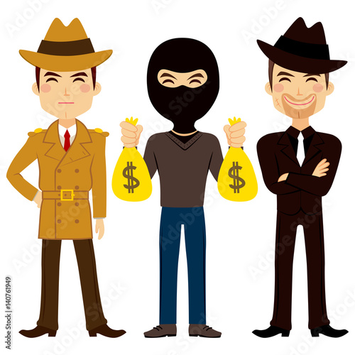 Illustration of three young crime profession people characters