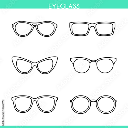 Vector linear set of different fashionable trendy hipster, retro, cat eye, aviator, round, geek eyeglasses. Man and women glasses illustration on white background. Lines without expand