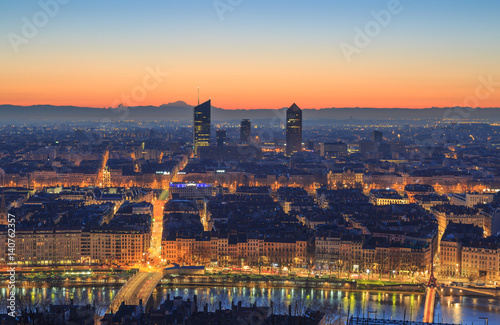 Dawn over the French city of Lyon. Seen from landmark Fourviere.