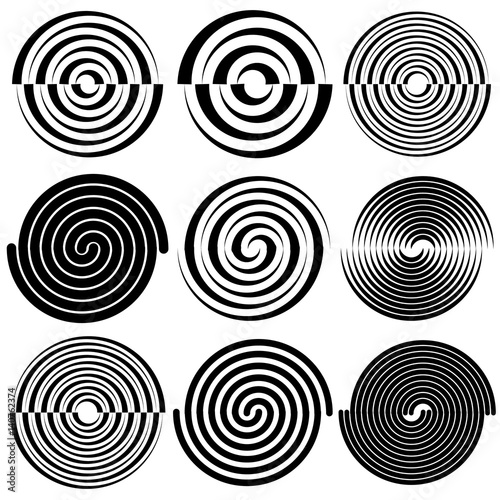 Circular concentric circles, rings.  Spiral, vortex, swirl design element set.
