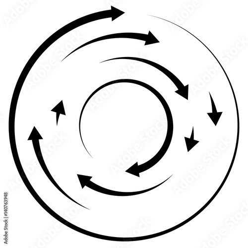 Circular concentric arrows. Cyclic, cycle arrows. Arrow element to illustrate Ripple, swirl, twirl concepts