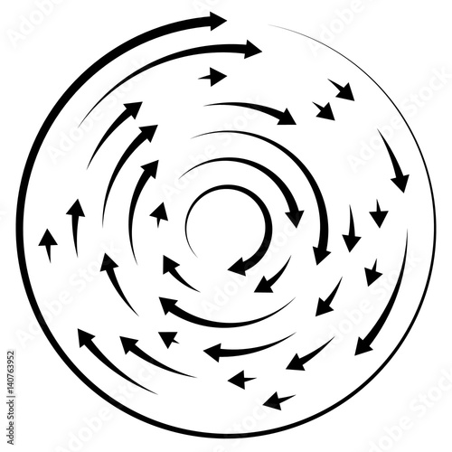 Circular concentric arrows. Cyclic, cycle arrows. Arrow element to illustrate Ripple, swirl, twirl concepts