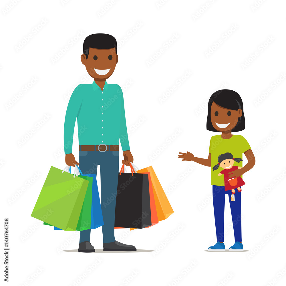 Family on Shopping. Father and Daughter Characters Family on Shopping. Father and Daughter Characters