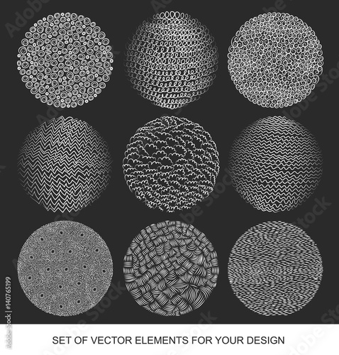 Hand drawn grunge, gradient textures and brushes. Artistic vector isolated collection of design elements. Curls, waves, leaves, strokes, zigzag line in ink. Modernistic Abstract background