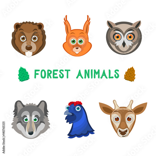 Vector illustration of forest animals: beaver, squirrel, owl, wolf, blackcock, deer. Isolated on transparent background