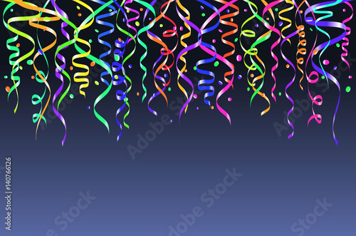 Fototapeta Naklejka Na Ścianę i Meble -  Colorful confetti on blue background. Celebration template ribbons. Vector illustration