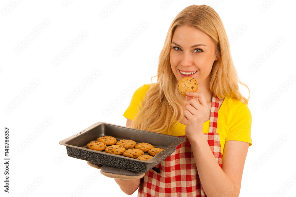 young woman baking cookies isolated over white background young woman baking cookies isolated over white background