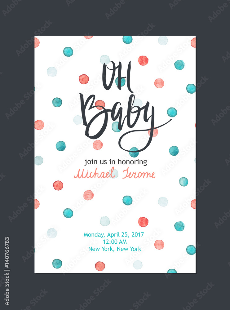 Baby shower invitation, vector template. Bright card with watercolor ...