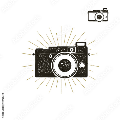 Hand drawn vintage camera label with sunbursts. Old style camera icon isolated on white background. Good for tee shirt, clothing prints, mugs, travel pennant designs. Stock vector.