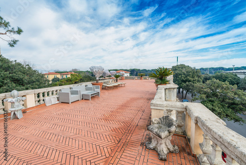 Ancient terrace with garden and trees