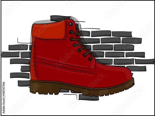 Casual red shoes with a rough outsole with lacing on the background of a gray brick wall eps 8 illustration