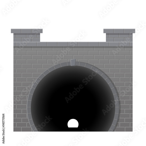 Vector railway low poly tunnel in a front view. Old stone circular tunnel with a light at the end. Isolated on white background. Diminishing perspective.