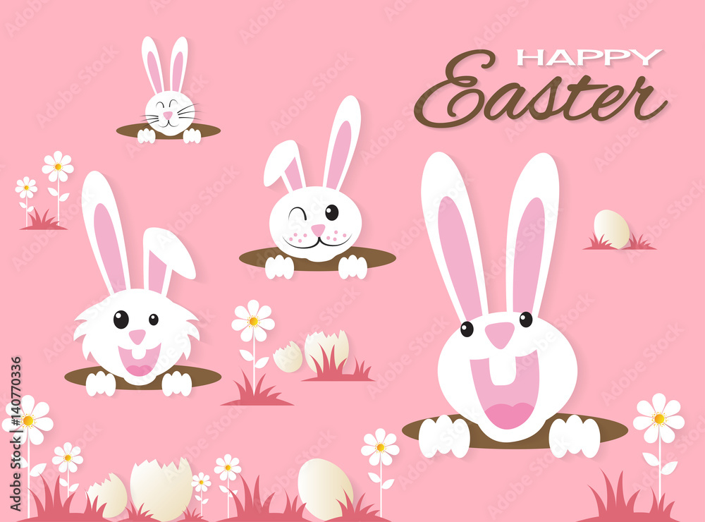 Very Happy Easter,rabbit and flowers,paper art Very Happy Easter,rabbit and flowers,paper art