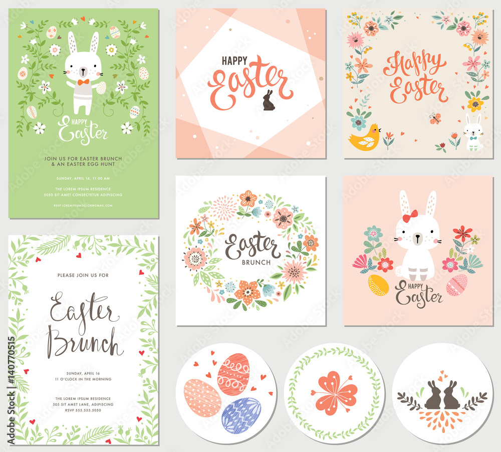 Vector Happy Easter templates with eggs, flowers, floral frames and wreaths, rabbit and typographic design. Good for spring and Easter greeting cards and invitations. Vector Happy Easter templates with eggs, flowers, floral frames and wreaths, rabbit and typographic design. Good for spring and Easter greeting cards and invitations.