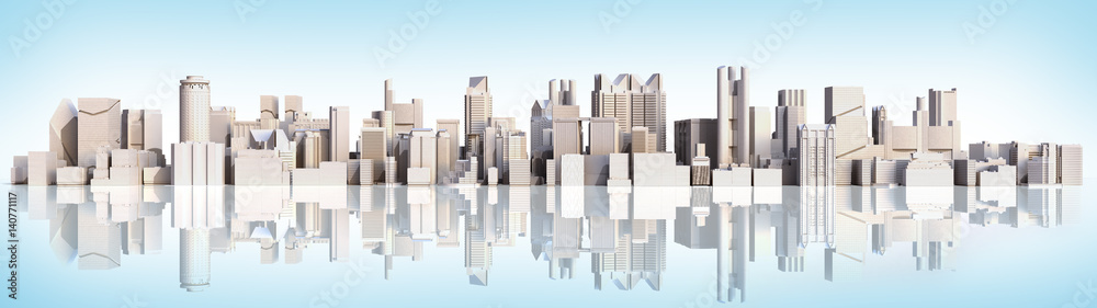 White city with reflection 3d rendering image on blue gradient