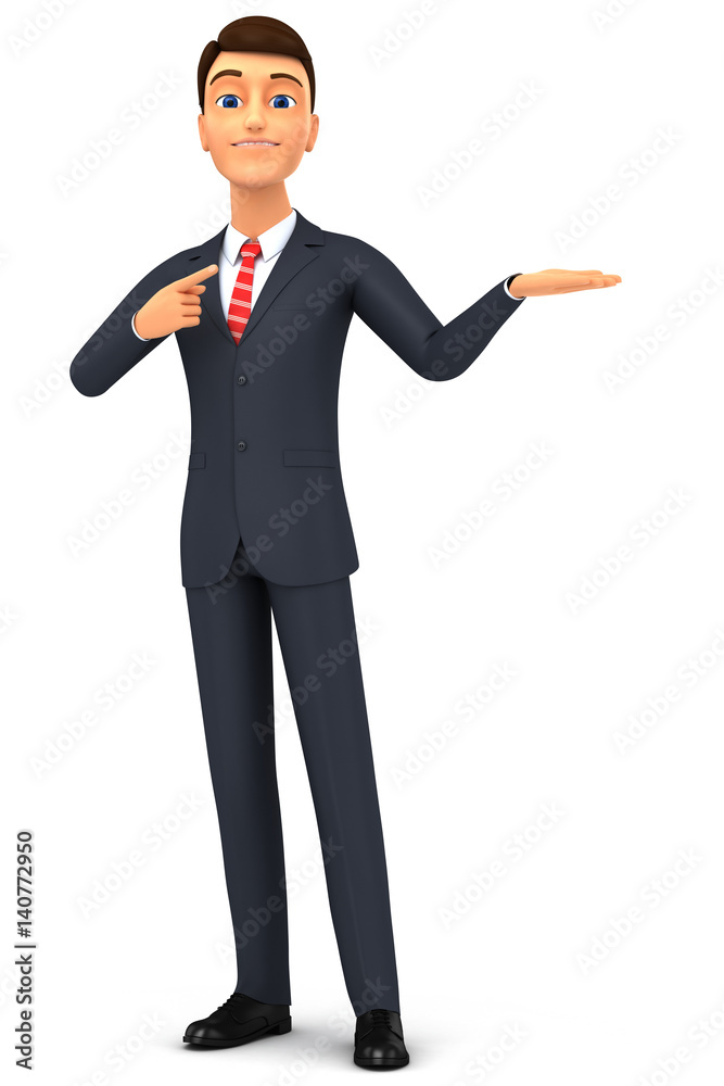 3d render illustration. Happy 3d cartoon man in a tie isolated on white background. Hand pointing at empty space for advertising. 3d render illustration. Happy 3d cartoon man in a tie isolated on white background. Hand pointing at empty space for advertising.
