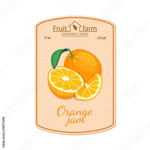 Vector orange jam lable. Composition of tropical orange fruits. Design of a sticker for a jar with orange jam, fruit marmalade, juice, smoothies. Sticker in a retro style with texture for your design.