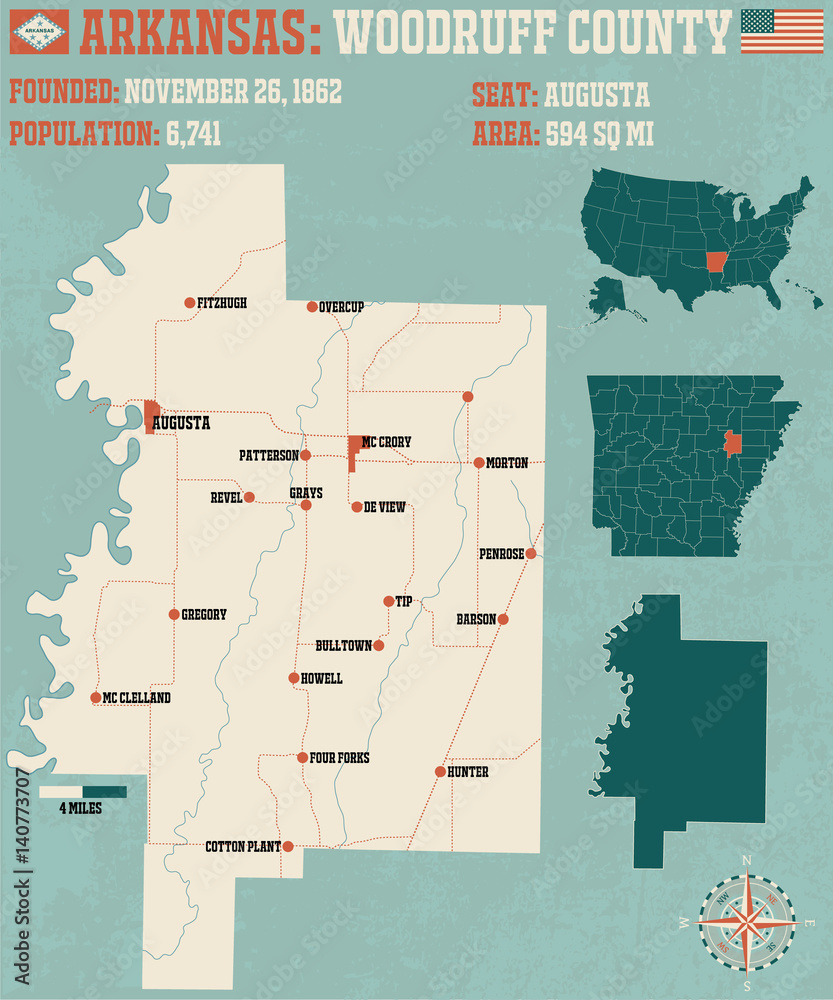 Large and detailed map of Woodruff County in Arkansas. Stock Vector