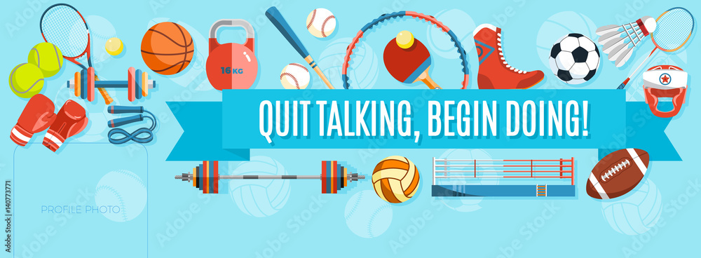 Set of sport balls and gaming items at a turquoise background. Healthy lifestyle tools, elements. Inscription QUIT TALKING, BEGIN DOING. Vector Illustration. Set of sport balls and gaming items at a turquoise background. Healthy lifestyle tools, elements. Inscription QUIT TALKING, BEGIN DOING. Vector Illustration.