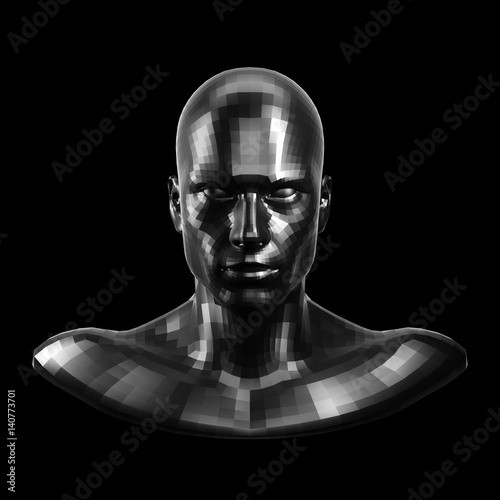 3D rendering. Faceted black robot face with black eyes looking front on camera.