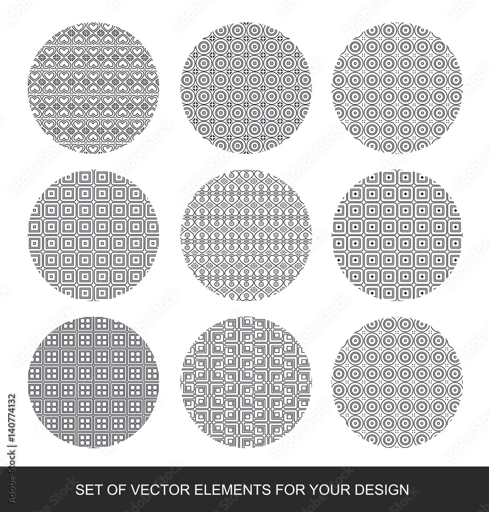 Vector abstract geometric grunge set. Collection of icons with circles, hearts, squares. Memphis modernist background