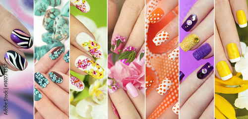 Valokuvatapetti Collection of trendy colorful various manicure with design on nails with glitter,rhinestones,real flowers,stickers,turquoise and yellow French manicure